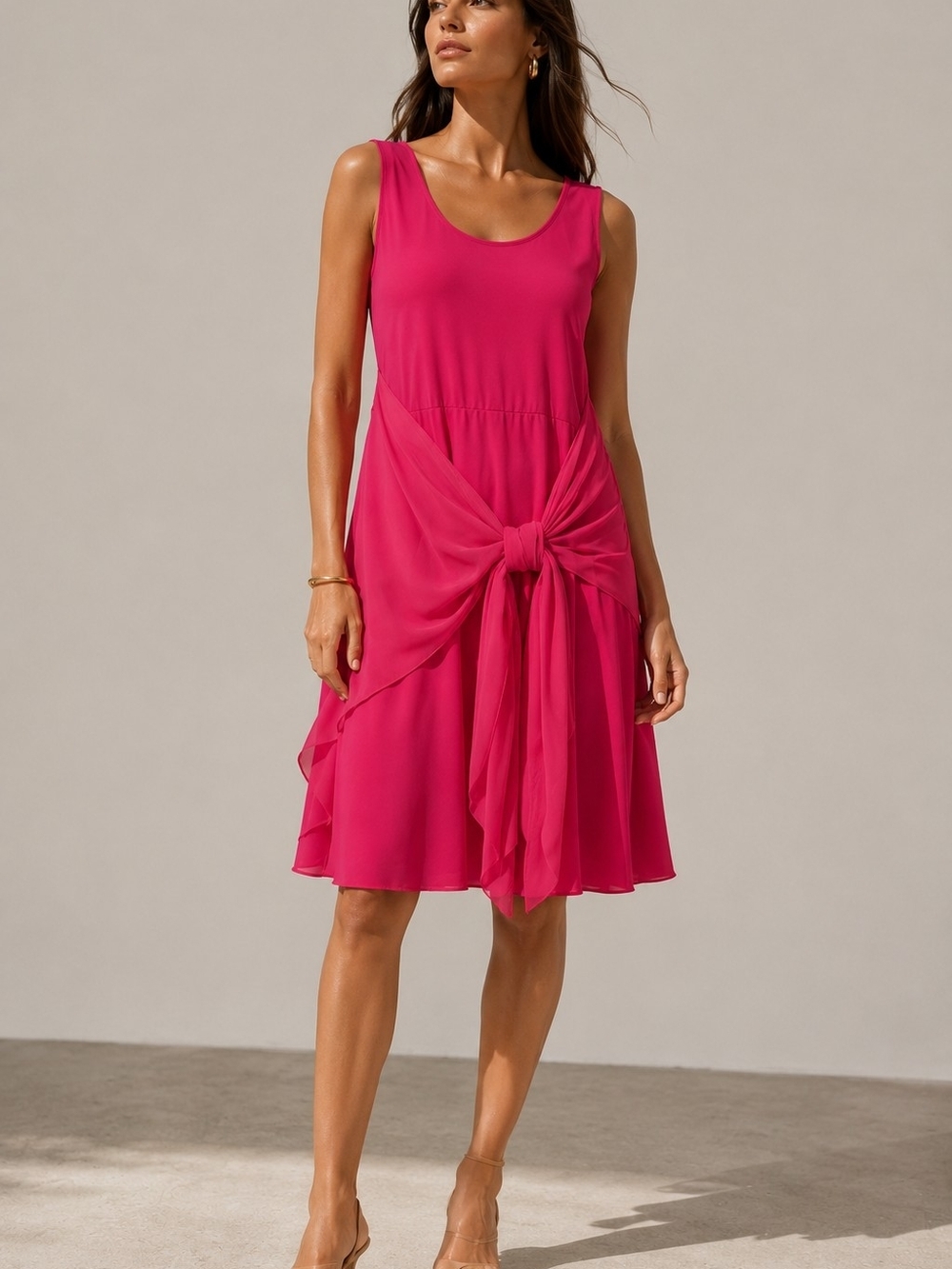 Fushia TieFront Sleeveless SummerDress XL Chiffon Overlay Cocktail Resort Eurova